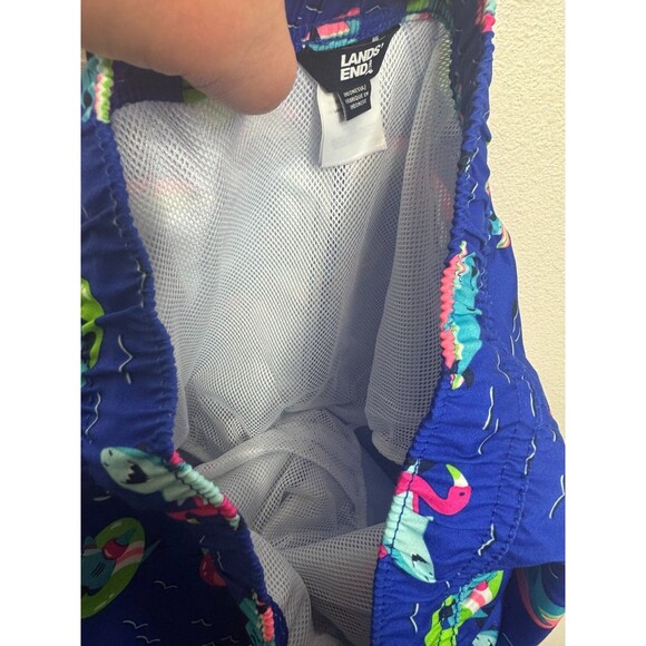 Lands' End Boys XL Swim Trunks Deep Sea Multi Sharks Navy Blue 14-16H Drawstring - Picture 9 of 11